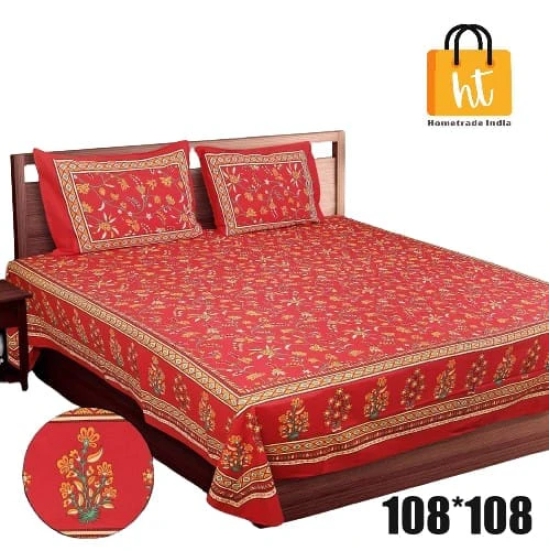 Bedsheet Adda-Super Mega King Size  King Size(108*108 in)-Pure Cotton Sanganeri Printed Jaipuri  Double Bedsheet With 2 Matching Pillow Covers-RJ-14-03-(108*108)-HT8427