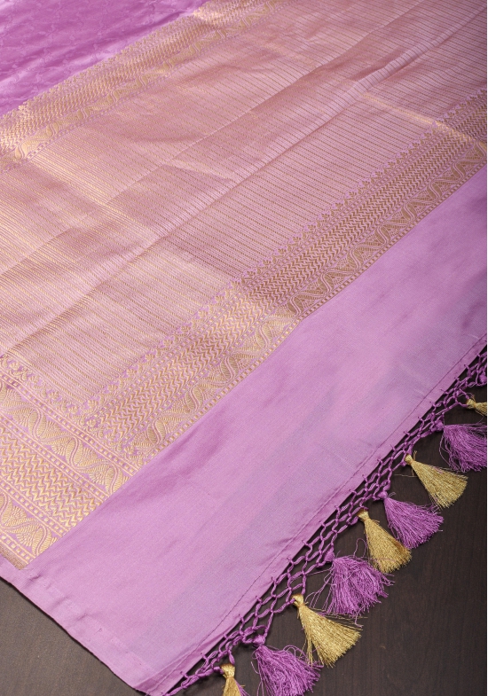 Tanchoi Banarasi Handloom Pure Satin Silk Saree in Thistle with Self Jaal and Zari Borders| SILK MARK CERTIFIE