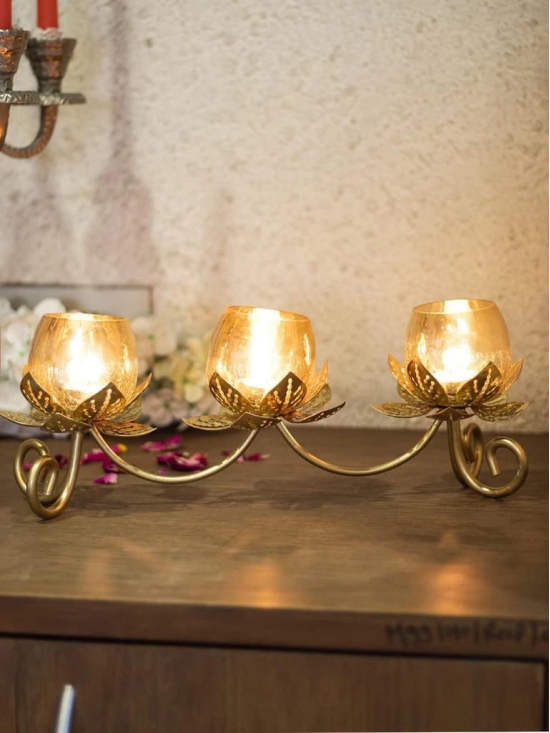 Round Gold 3In1 Glass Flower Tea Light Candle Holder