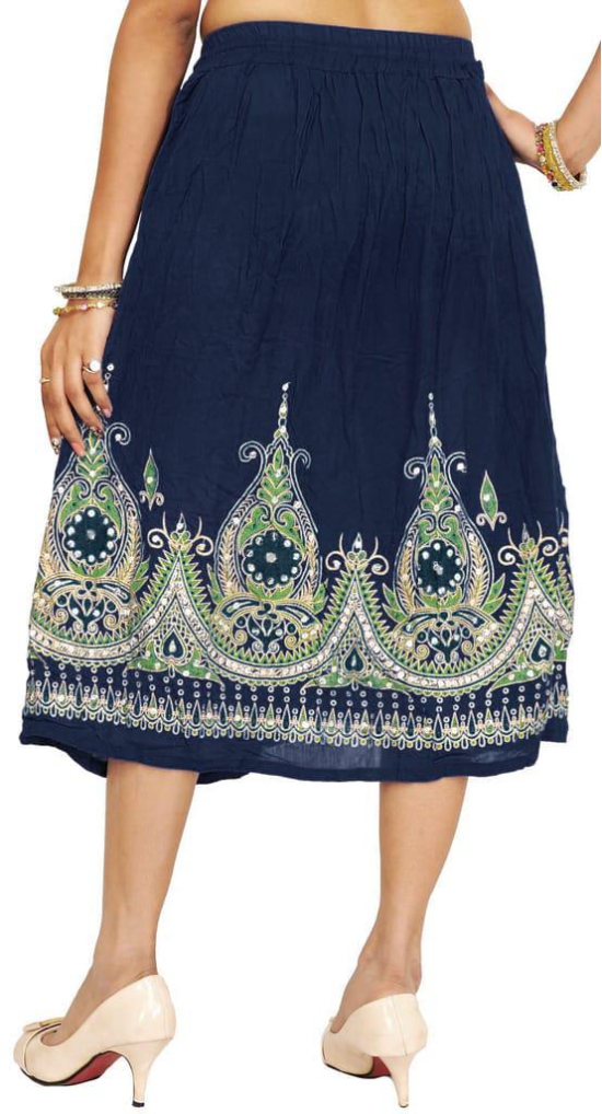 Navy-Blue Midi-Skirt with Printed Flowers Embellished with Sequins