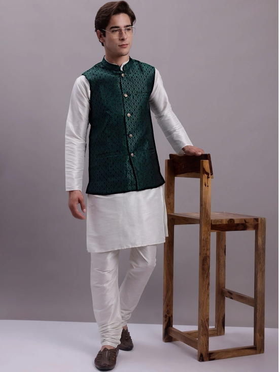 Mens Olive Green Woven Design Nehru Jacket With Solid Kurta Pyjama.-XXL / Olive-Green