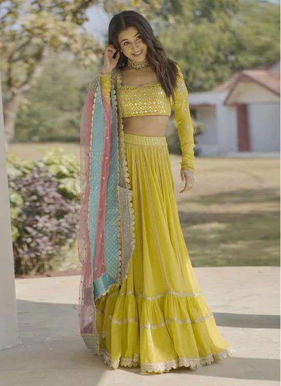 Haldi Function Ruffle Style Yellow Georgette Lehenga Choli