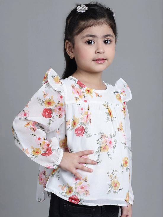 MINI & MING Girls Floral Printed Round Neck Puff Sleeves Pleated Blouson Top