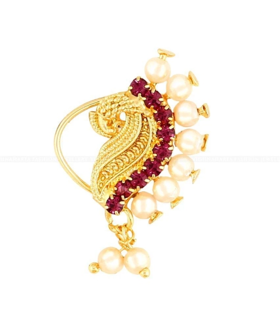 Vivastri Gold Plated Red Stone with Peals Alloy Maharashtrian Nath Nathiya./ Nose Pin for Women &Girls VIVA1007NTH-Press - Pink