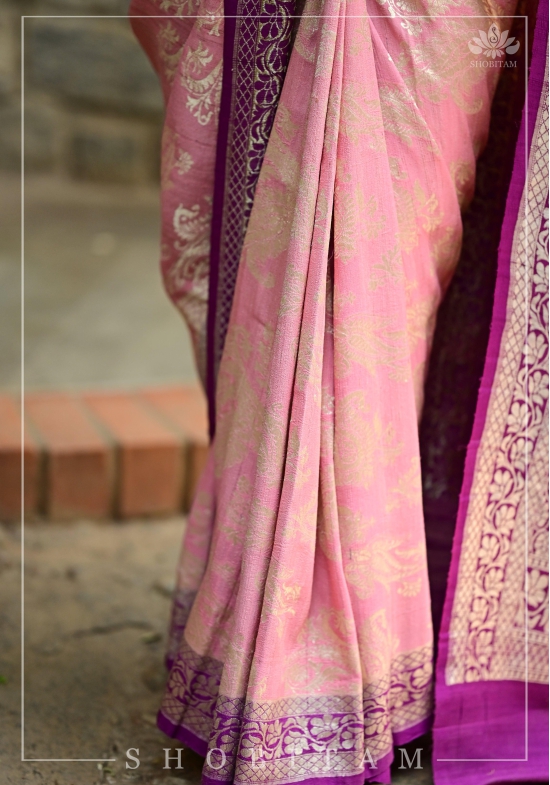 Lotus Pink and Plum Tussar Georgette Silk Saree | SILK MARK CERTIFIED | Shobitam Saree