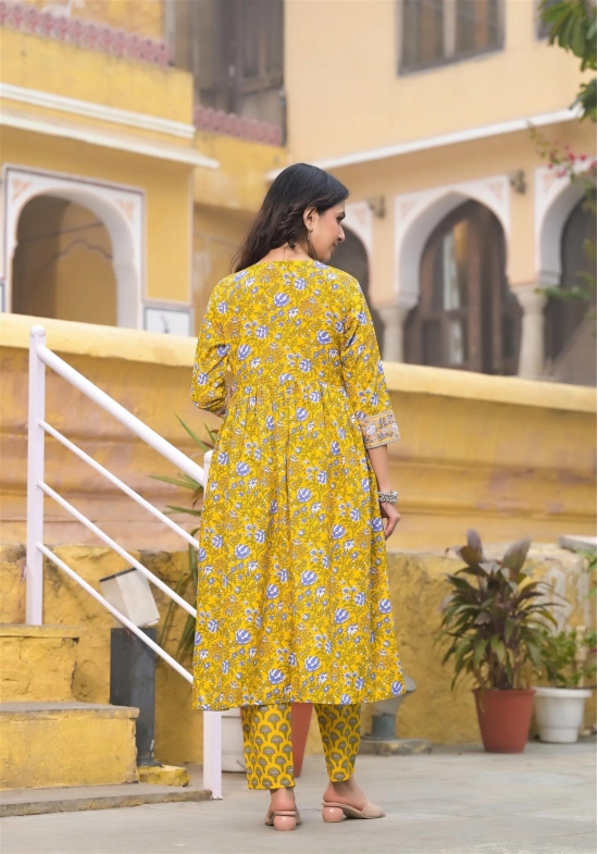 Block Printed Kurta and Pant Set with Dupatta in Yellow Color for Women-XL