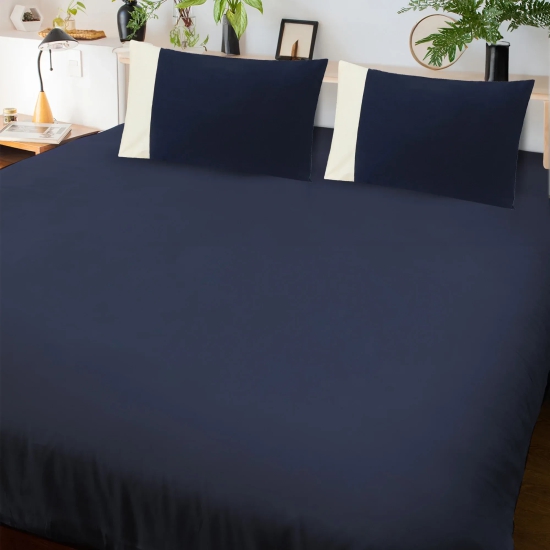 Solid Colour 100% Cotton, 270 TC King Bedsheet with 2 Colour Accent Pillow Covers Ink Blue