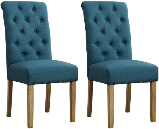 Wooden Twist Button Tufted Parsons Teak Wood Dining Chair (Set of 2)-Blue