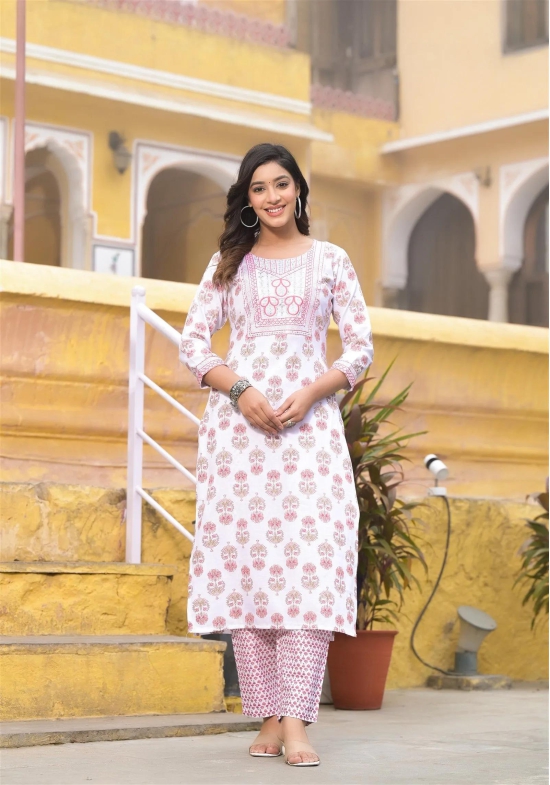 Pink and White Color Straight Kurta set with Dupatta and pant-L