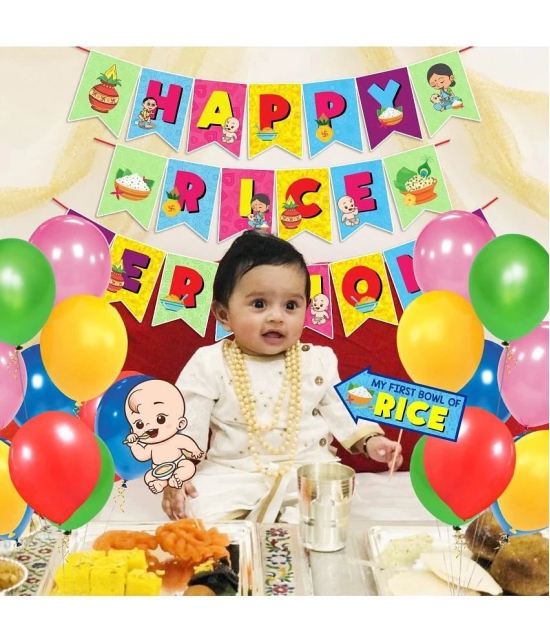 Zyozi 1 Set Happy Rice Ceremony Banner With 16 Pcs Annaprasanam Photo Booth Props and 40 pcs Balloon/Annaprashan Decoration Items/Baby Photoshoot Props for Rice Ceremon - Multicolor