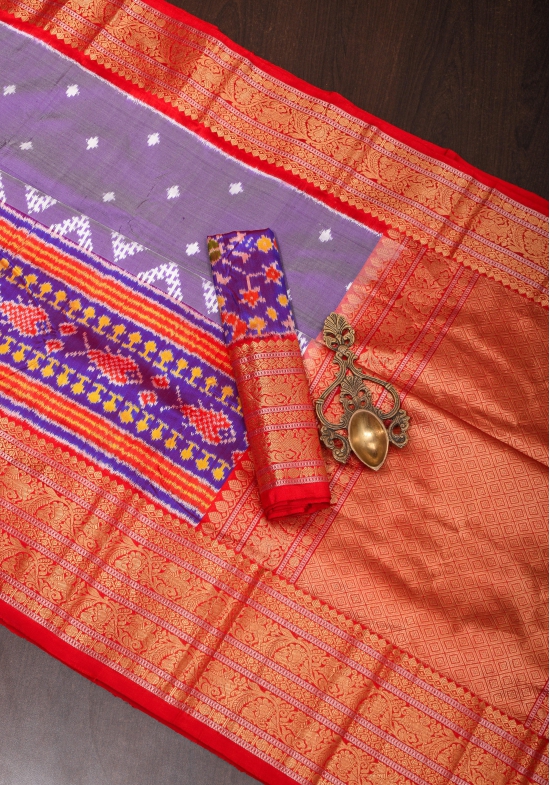 Not found//Amethyst tone Ikkat Patola Kanjivaram Fusion Silk Saree with Panel design and zari border | SILK MARK CERTIFIED