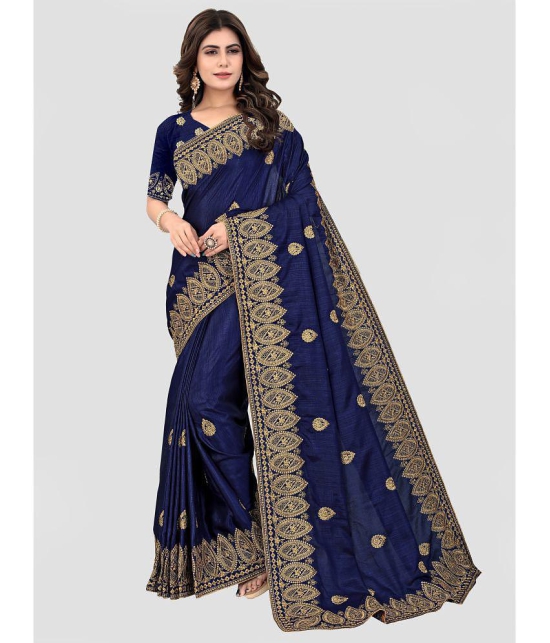 Om Shantam Sarees - Navy Blue Silk Blend Saree With Blouse Piece ( Pack of 1 ) - Navy Blue