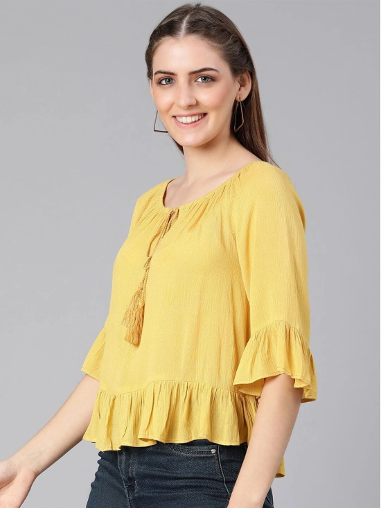 Oxolloxo Yellow Tie-Up Neck Ruffles Crepe Top