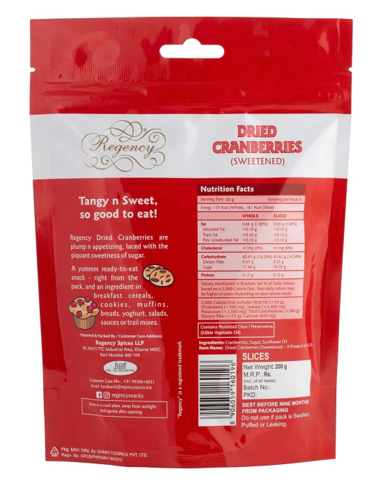 Regency Dried Cranberry Sliced, 200 Gm