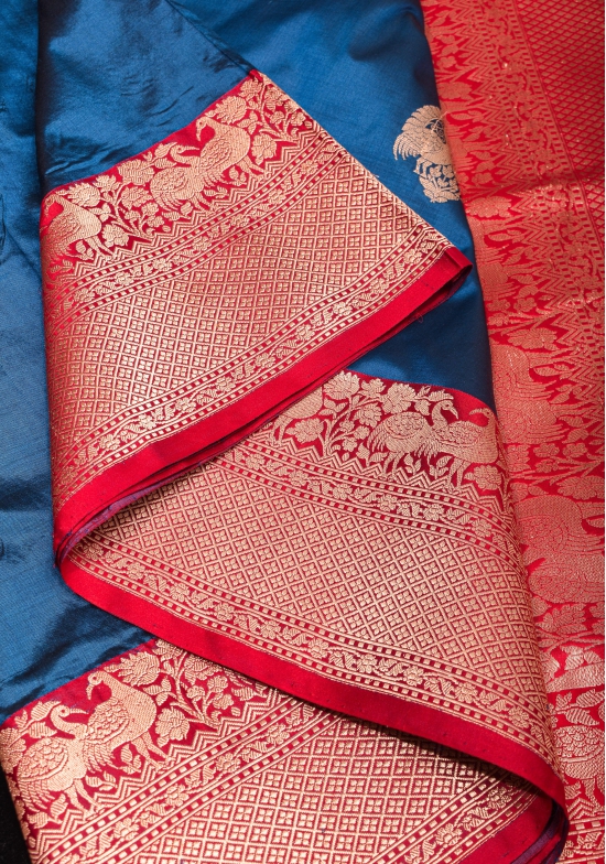 Swan Butta Shikaargah Banarasi Meenakari Saree in Blue and Red | Silk Mark Certified