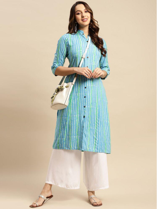 Rangita Women Rayon Blue Tonal Printed Calf Length Kalidar Kurti With Front Button Placket - None