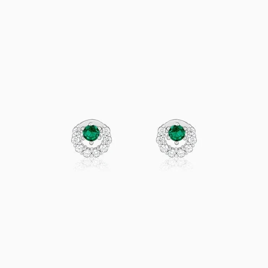 Silver Emerald Green Halo Stud Earrings