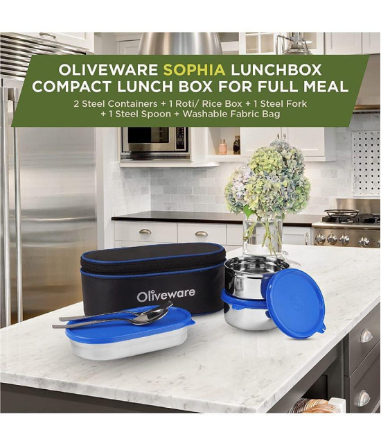 Oliveware Sophia Insulated Fabric Bag Lunch Box, Stainless Steel 3 Containers with Steel Spoon & For - Blue