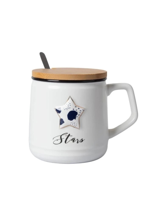 Star Ceramic Coffee Mug With Lid - 350 ml, Stirring Spoon