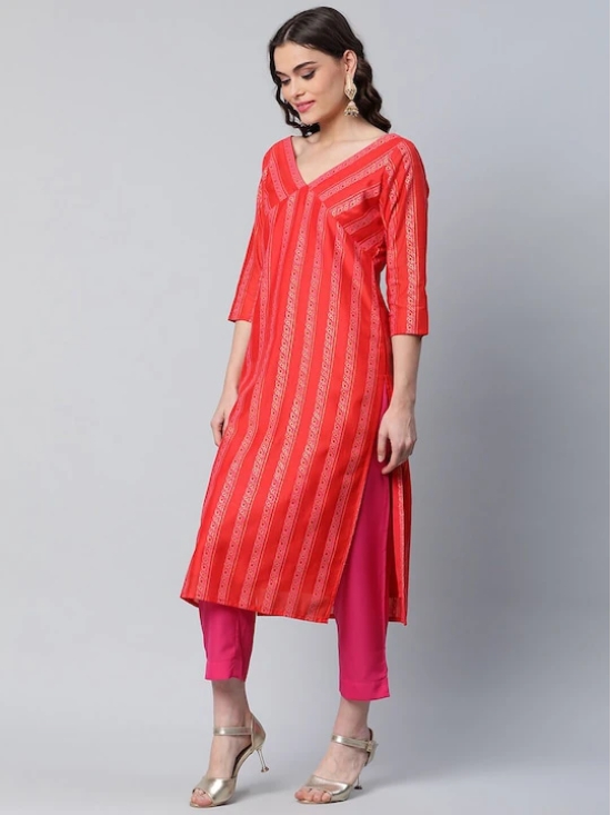 Women Red Striped Kurta with Trousers