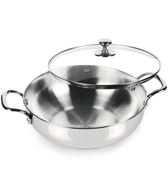 Milton Pro Cook Stainless Steel Sandwich Bottom Kadhai with Glass Lid, 24 cm / 2.71 Litres