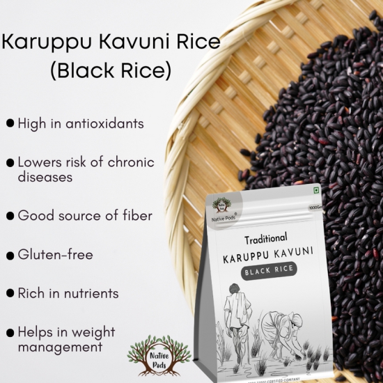 Native Pods Karuppu Kavuni Rice 500g | Traditional Unpolished Rice | Organic Black Rice,Kowni rice | Forbidden Rice,Low GI | Pack of 1