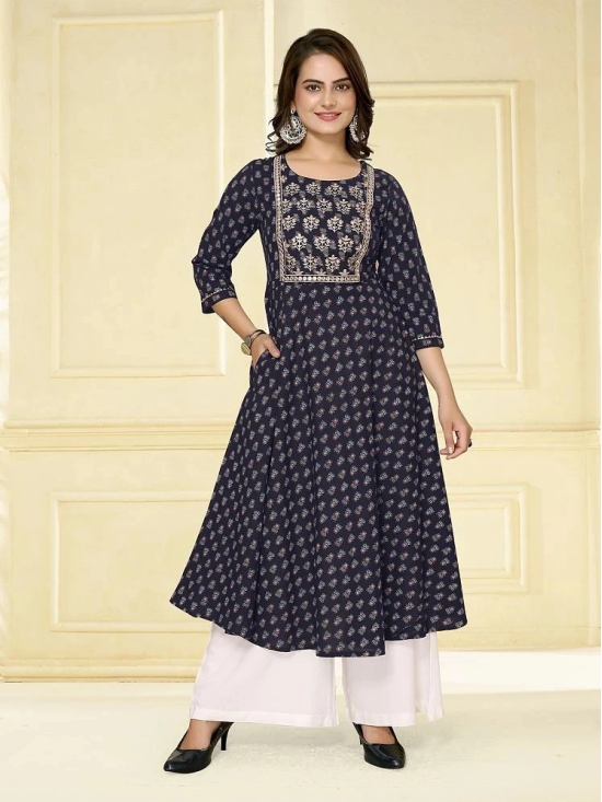 Rangita Women Cotton Navy Blue Embroidered Calf Length Anarkali Kurti - None