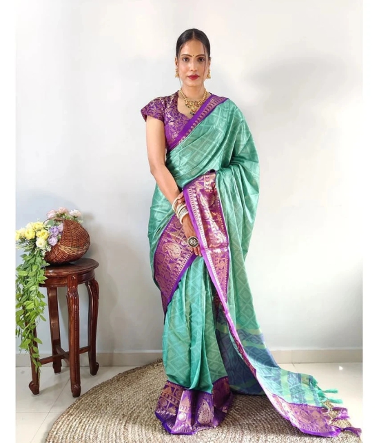 Apnisha Banarasi Silk Embellished Saree With Blouse Piece - Mint Green ( Pack of 1 ) - Mint Green