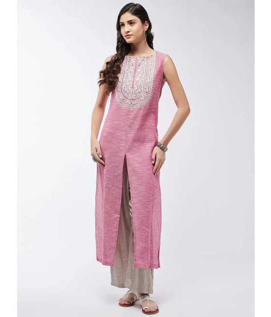 Pannkh Cotton Blend Embroidered Straight Womens Kurti - Pink ( Pack of 1 ) - None