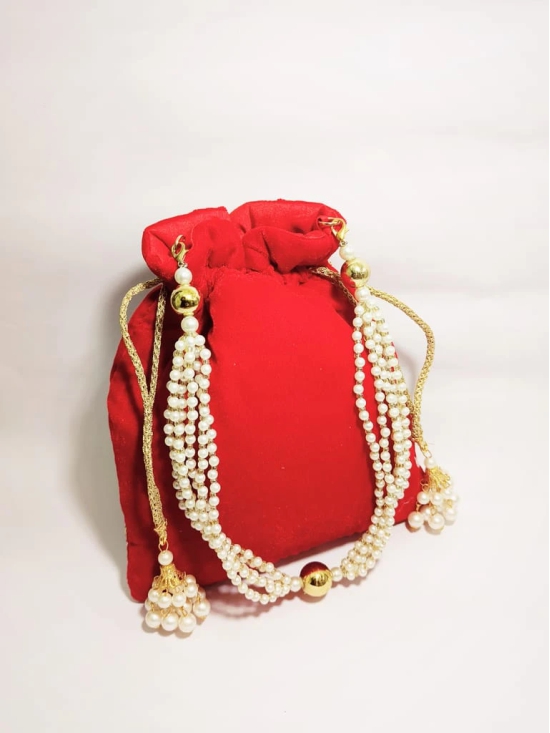 Red Velvet Potli Bag with Pearl and Zari Embroidery