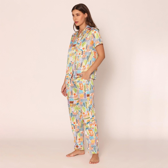 Vibrant Visions Satin Shirt & Pajama Night Suit Set for Women L