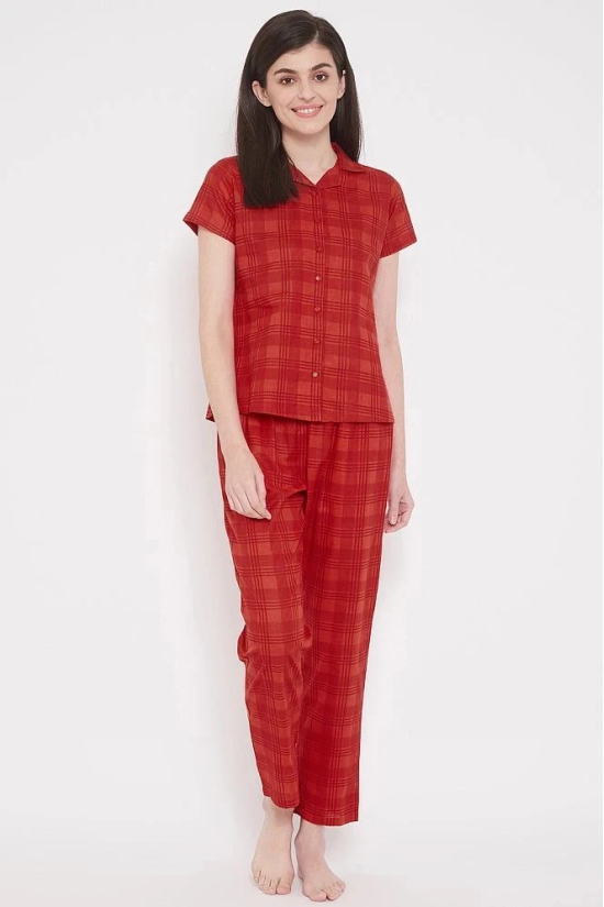 Clovia Cotton Blend Nightsuit Sets - Red - None