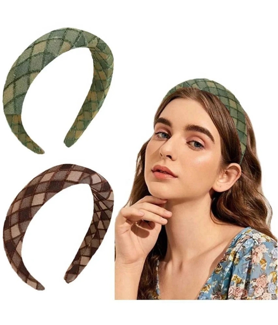 LYKAA Padded & Boho Headbands, Puffy Sponge Thick check printed Vintage Hair Accessories Pack Of 2 - Brown