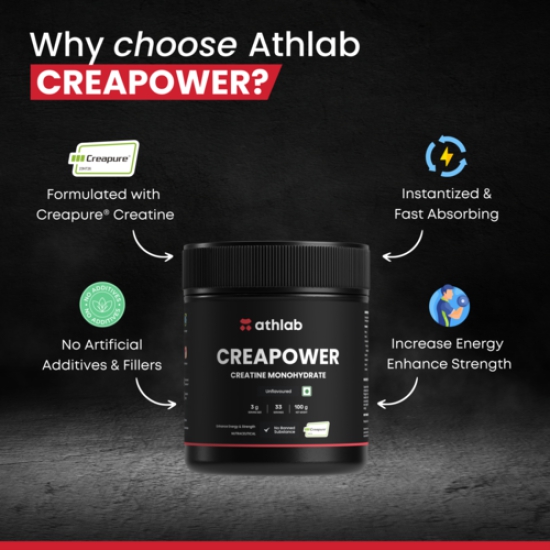 Athlab (by Nutrabay) CreaPower Micronized Creatine Monohydrate Powder - 100g | 100% Creapure® from Germany | NABL Lab Tested | 3g Creatine/Serving | Increases Muscle Mass, Strength, & Power