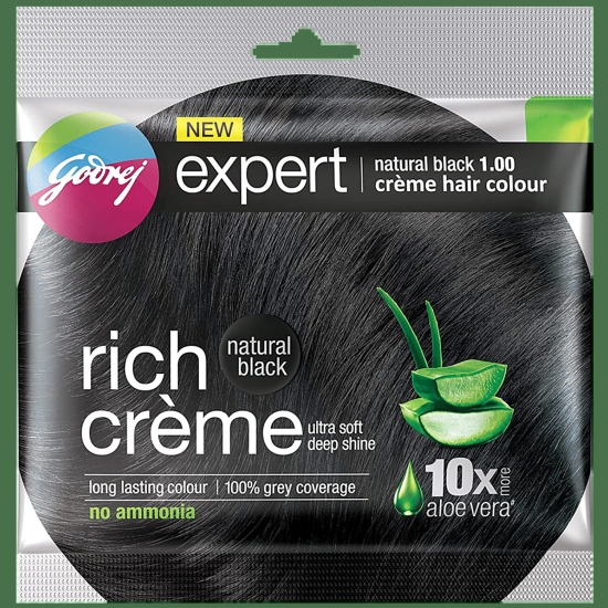 Godrej Expert Rich Creme Hair Colour - Single Use, Long Lasting, 100% Grey Coverage (20 G + 20 Ml), 1 Pc Shade 1 Natural Black