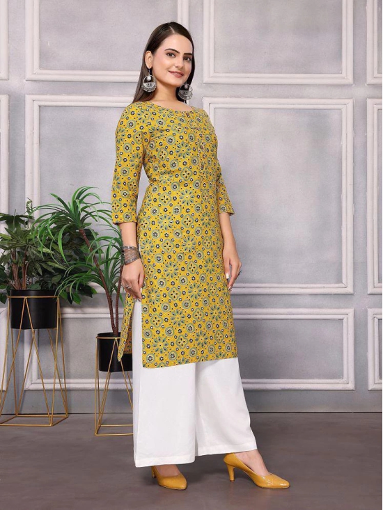 Rangita Women Cotton Mustard Printed Knee Length Straight Kurti - None