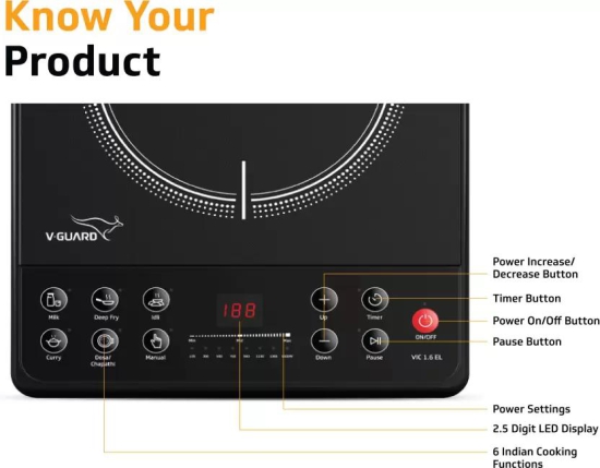 VIC 1.6 EL 1600W Induction Cooktop ( Push button with 6 Cooking Modes)