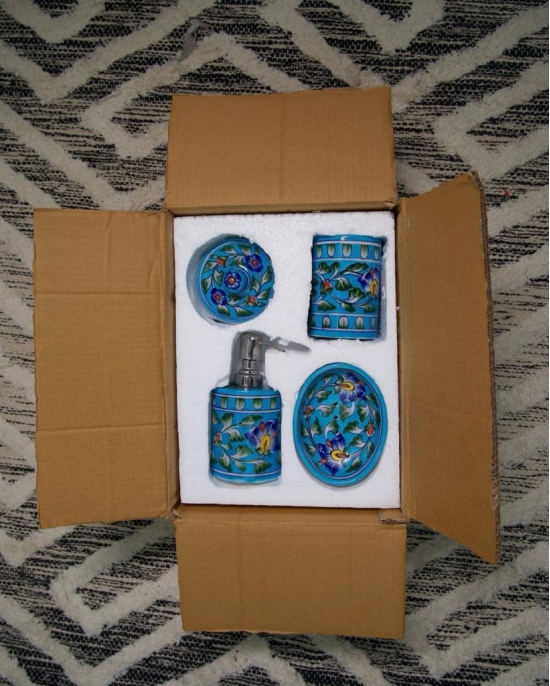 Blue Pottery Bathroom Set of 4 pieces in a gift box-Blue Pottery / Mixed / Blue Pottery Gifts