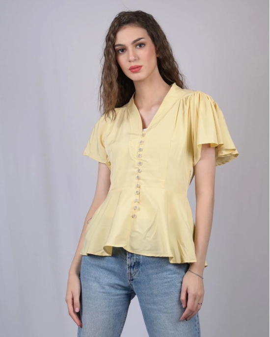 Yellow Embellished V-Neck Flutter Sleeves Peplum Top (OTL-TPS1004)-Yellow / XL