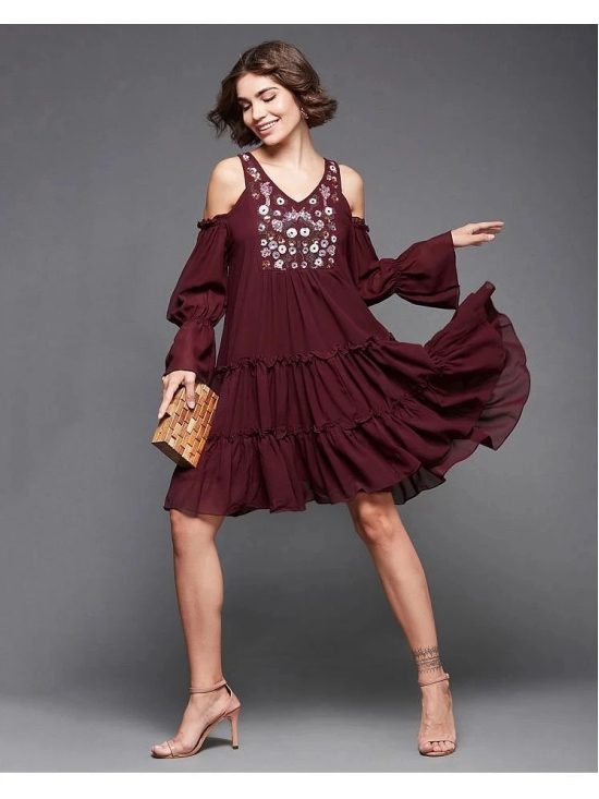 Miss Chase Polyester Embellished Above Knee Womens Fit & Flare Dress - Wine ( Pack of 1 ) - None