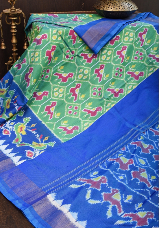 Ikkat Pochampally Pure Silk Saree in Sea Green and Blue | SILK MARK CERTIFIED