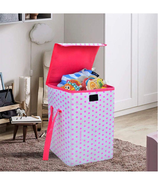  45 L-Pink Nylon Foldable Storage Box/Laundry Bag for Clothes|Toy Storage Box with Lid & Handle, Toys Organiser with Side Handles