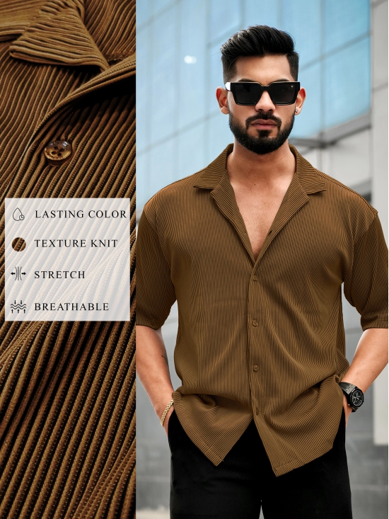 Stripe Textured Brown Half Sleeve Shirt-L / Brown