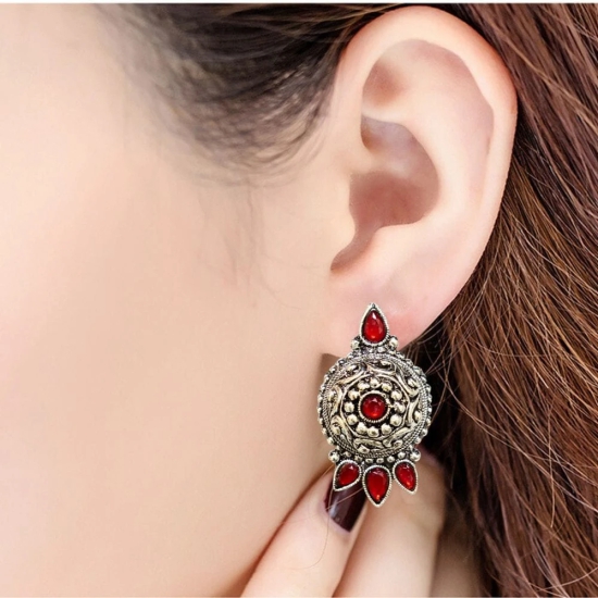 Oxidized German Silver Antique Look Afghani Chandbali Earrings With Maroon Stones