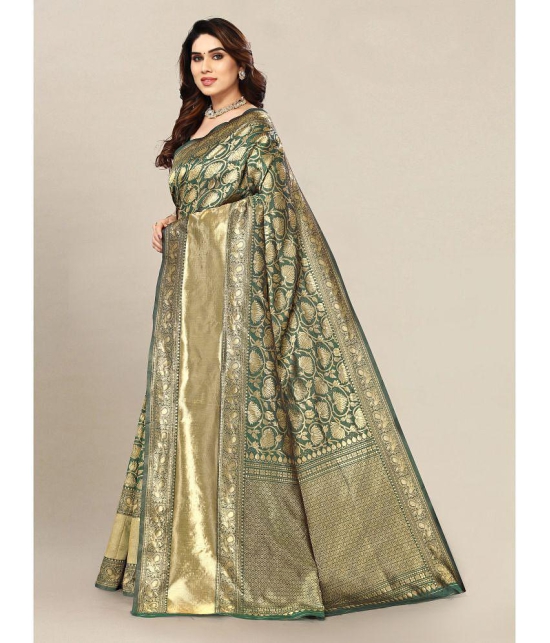 Om Shantam Sarees - Green Banarasi Silk Saree With Blouse Piece ( Pack of 1 ) - Green