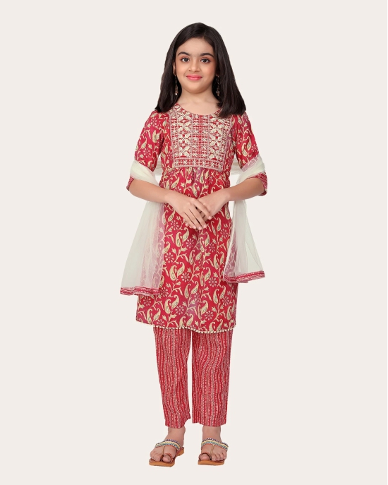 Printed Emroidered Kurta Bottom Dupatta Set for Girls-Red / 4 - 5 Years