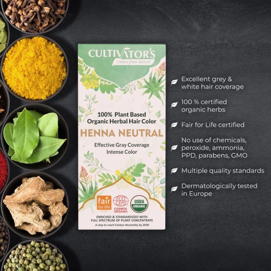 Cultivators Organic Hair Colour - Herbal Hair colour for Women and Men - Ammonia Free Hair Colour Powder - Organic Henna Powder for Hair  - Natural Hair Colour Without Chemical, (Henna Neutral) - 100g