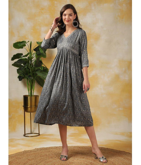 Rangita Women Grey Rayon Printed Empire Dress Calf Length Ethnic Dress with Belt - None