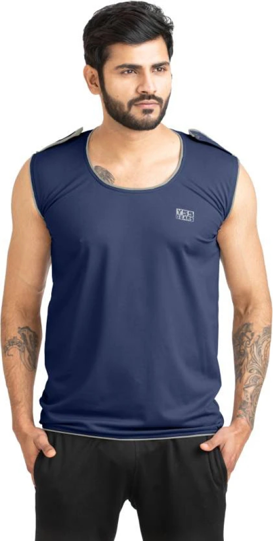 Men Solid Round Neck Polyester Dark Blue T-Shirt