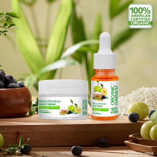 Organic Vitamin C Brightening Serum & Day Cream Combo: Kakadu Plum, Acai Berry & Rice Water | Hydrates Skin & Fades Dark Spots